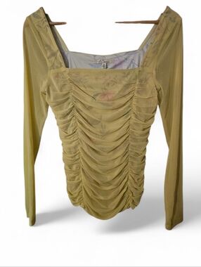 LES SEREIN Floral Yellow Mesh Overlay Cinched Front Long Sleeve Blouse - Medium